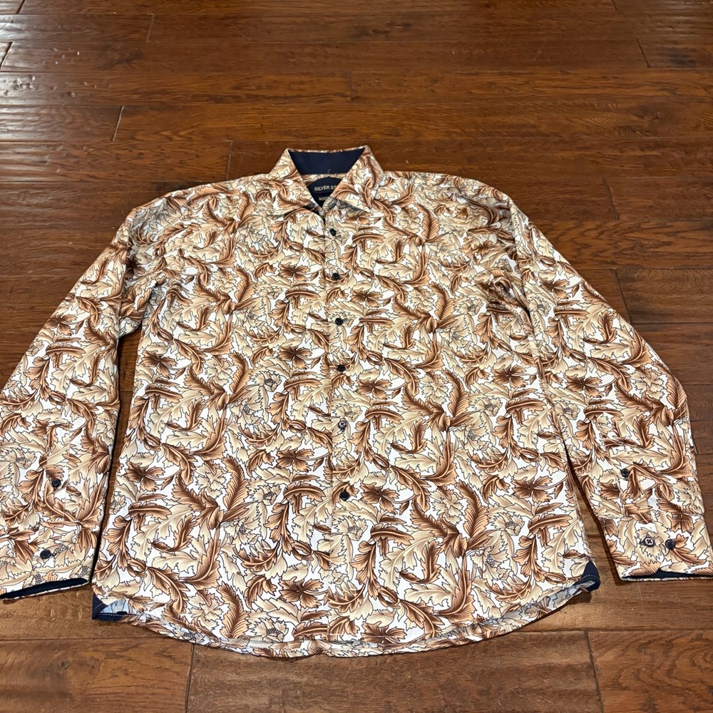 Silver Stone Modern Fit Long Sleeve Button Down Men’s L Nature Leaves Brown